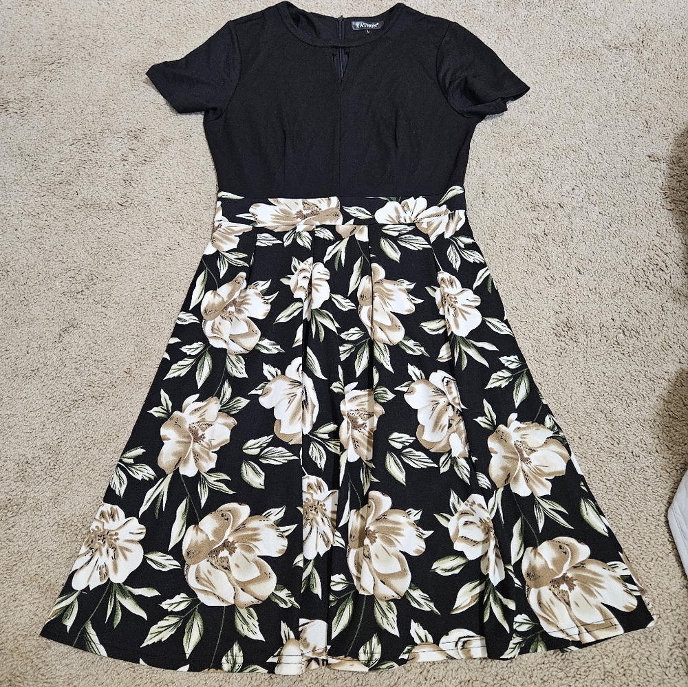 Black Floral Midi A-Line YATHON Dress